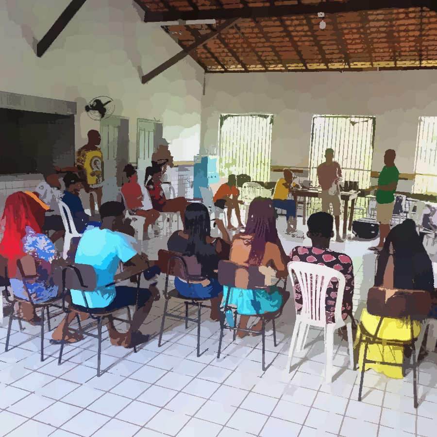 Na ilustração é possível ver uma sala de aula com a comunidade discutindo o que aprenderam durante as oficinas de redes comunitárias.