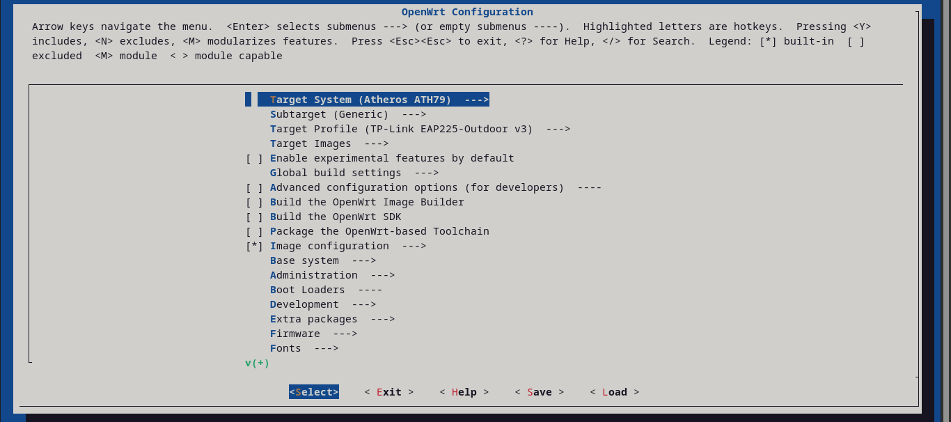 Menuconfig com o target Atheros ATH79, subtarget Generic e perfil TP-Link EAP225-Outdoor v3
