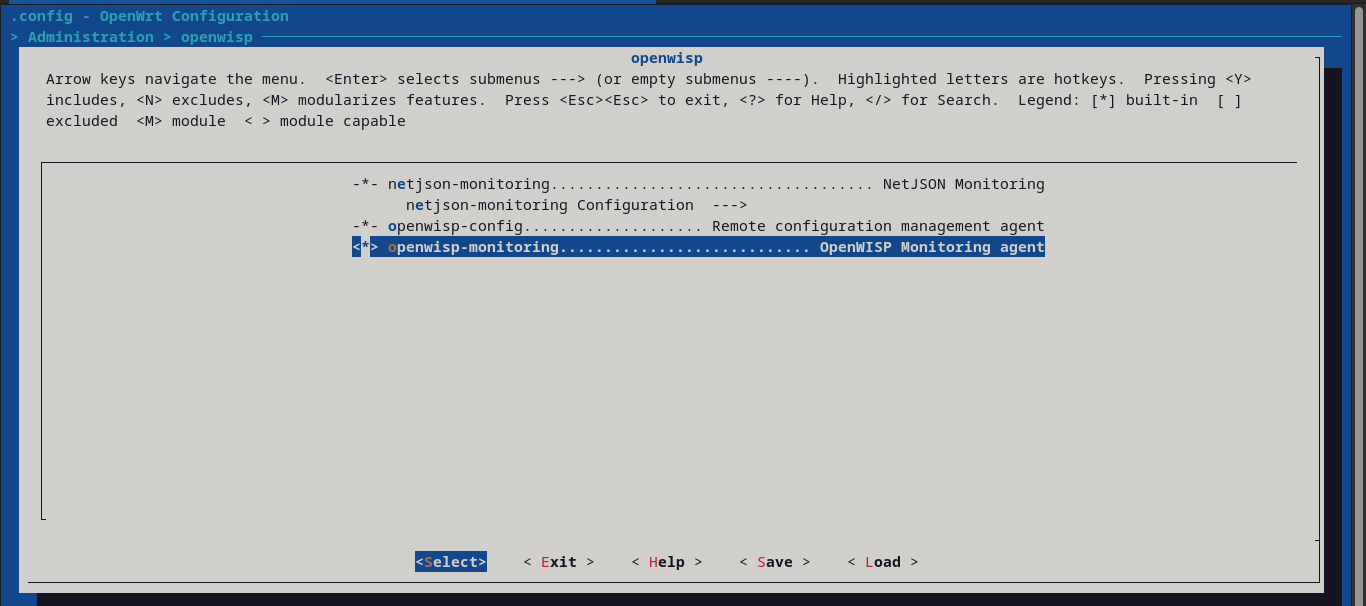 OpenWISP config e monitoring selecionados no menuconfig