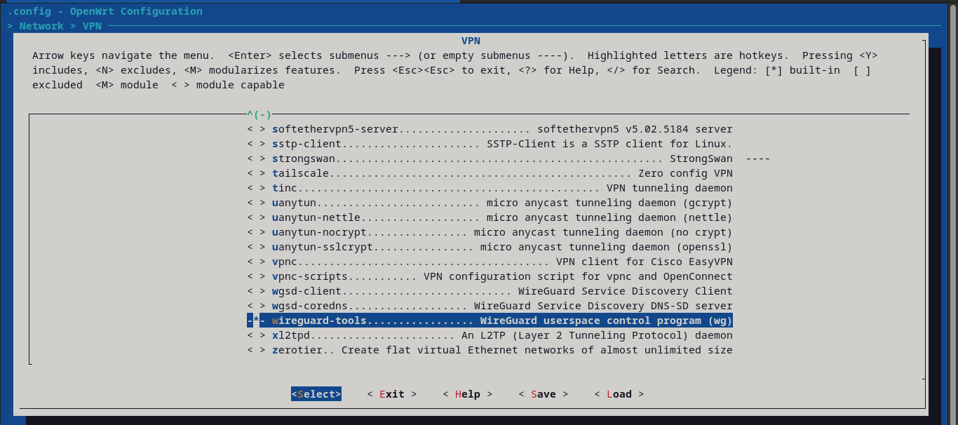 WireGuard tools selecionado no menuconfig