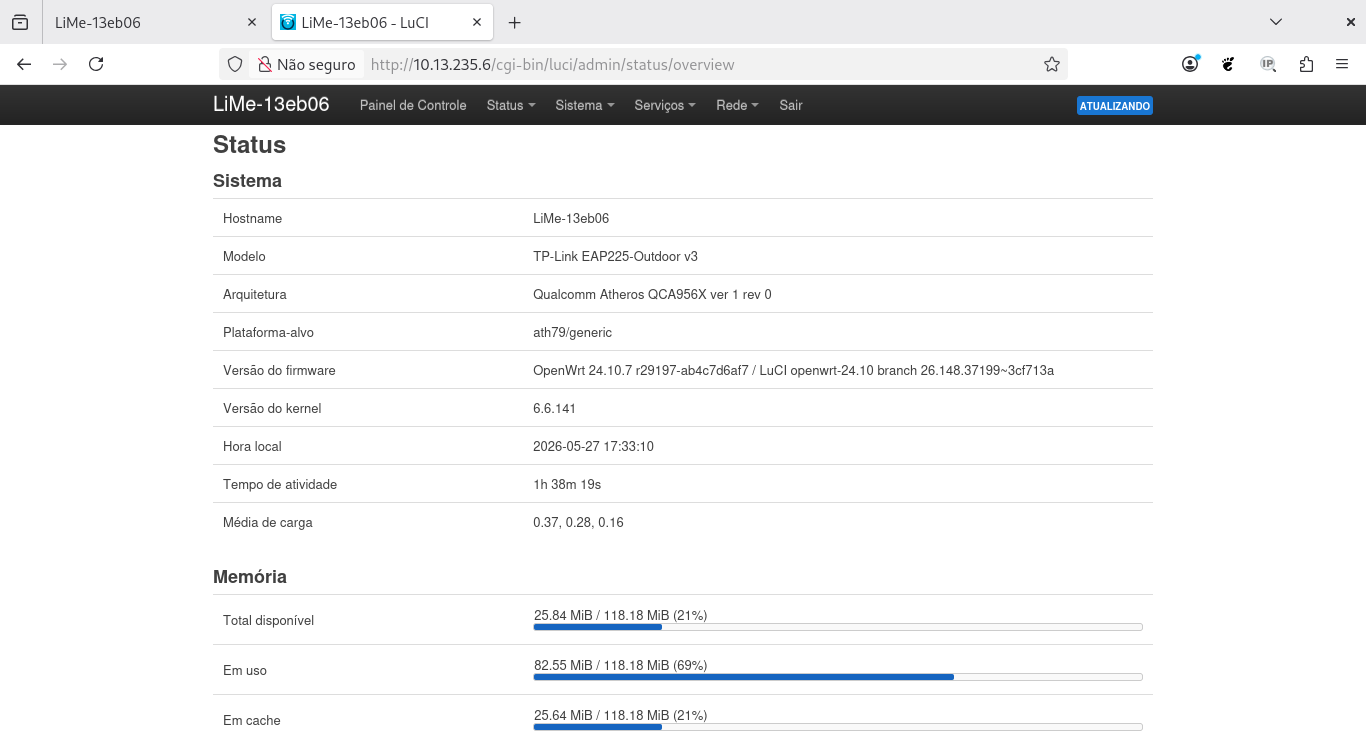LuCI mostrando modelo, target, versão do OpenWrt e kernel do EAP225-Outdoor v3